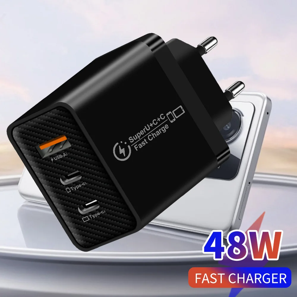 Cargador Rápido USB C de 48W y 3 Puertos, Adaptador de Pared PD QC 3.0 con Puertos USB-A y Tipo-C, Enchufe EU/US/UK para iPhone 15, Samsung, Xiaomi, Huawei