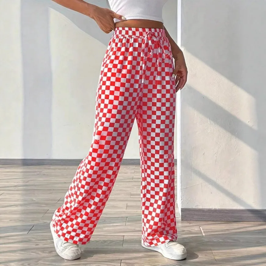 Women's Y2K Woman Clothes Female Clothing Plaid Printed Straight Full Length Lightweight Elastic Waist Pants Checkered Print