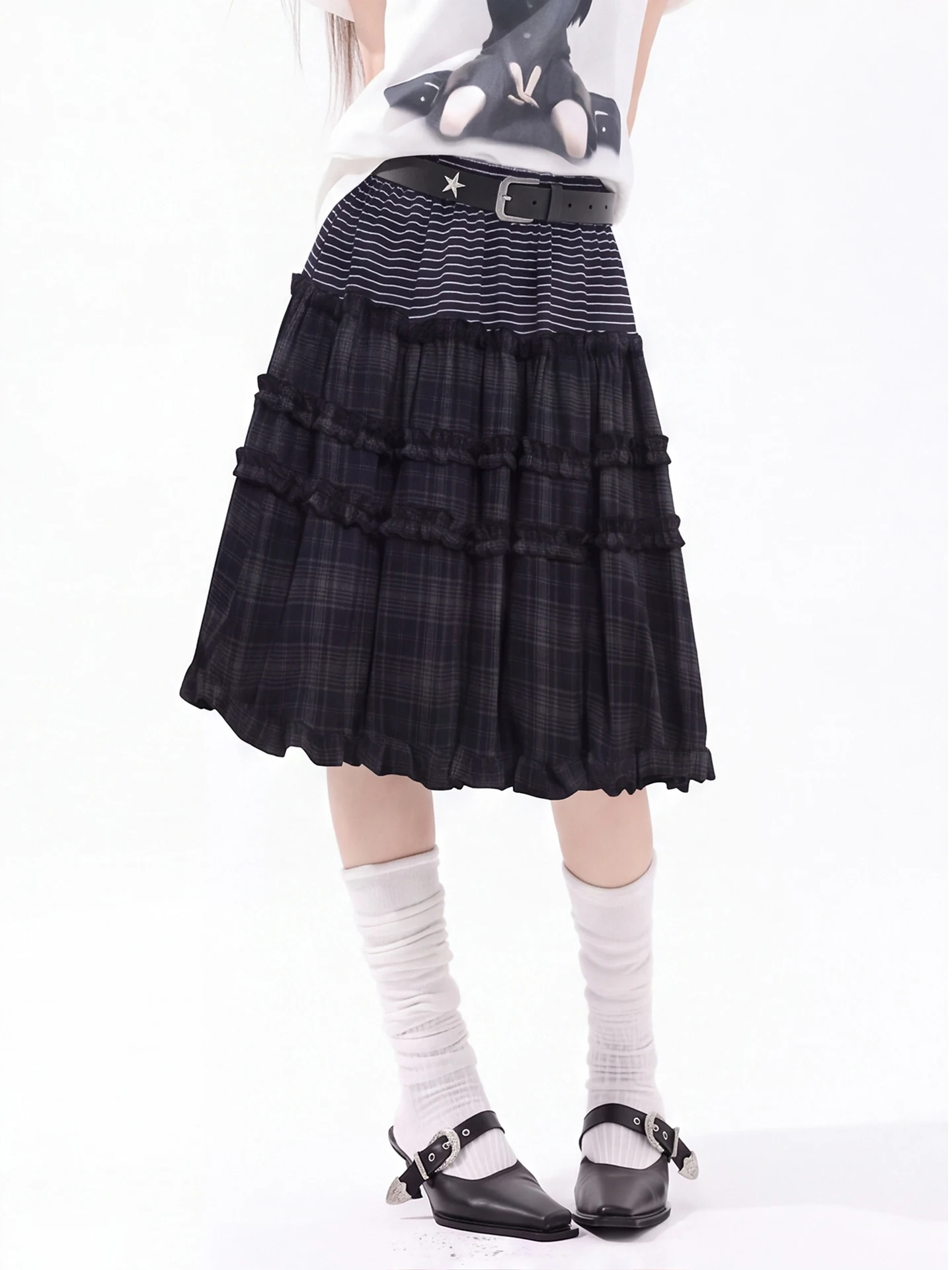 Casual Style Multi-Layer Cake Skirt Women's Elastic Waist Slimming Half Skirt Wood Grain  Design College Style Skirts