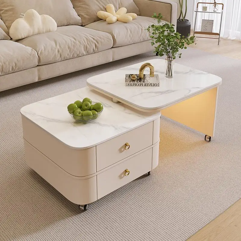 Mobile coffee table, simple living room, modern home extendable small apartment, sintered stone cream light luxury tea
