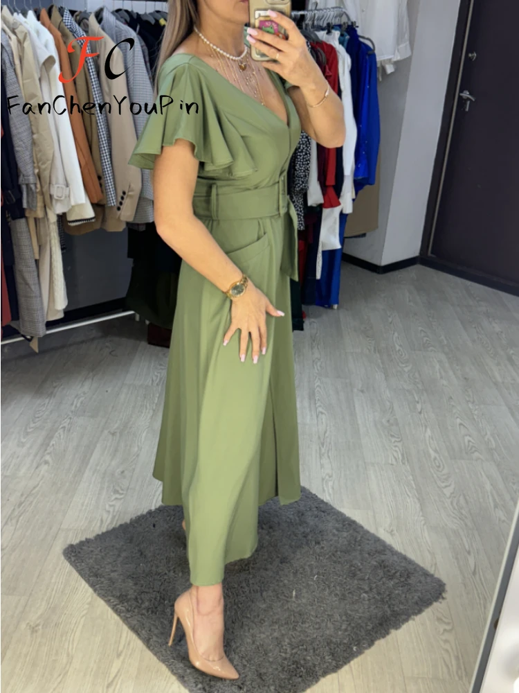 2024 Summer New Women\'s Dress Fashion Deep V Neck Solid Colors Ruffled Sleeves Long Skirt Sexy Temperament Belt Slim Fit Dresses
