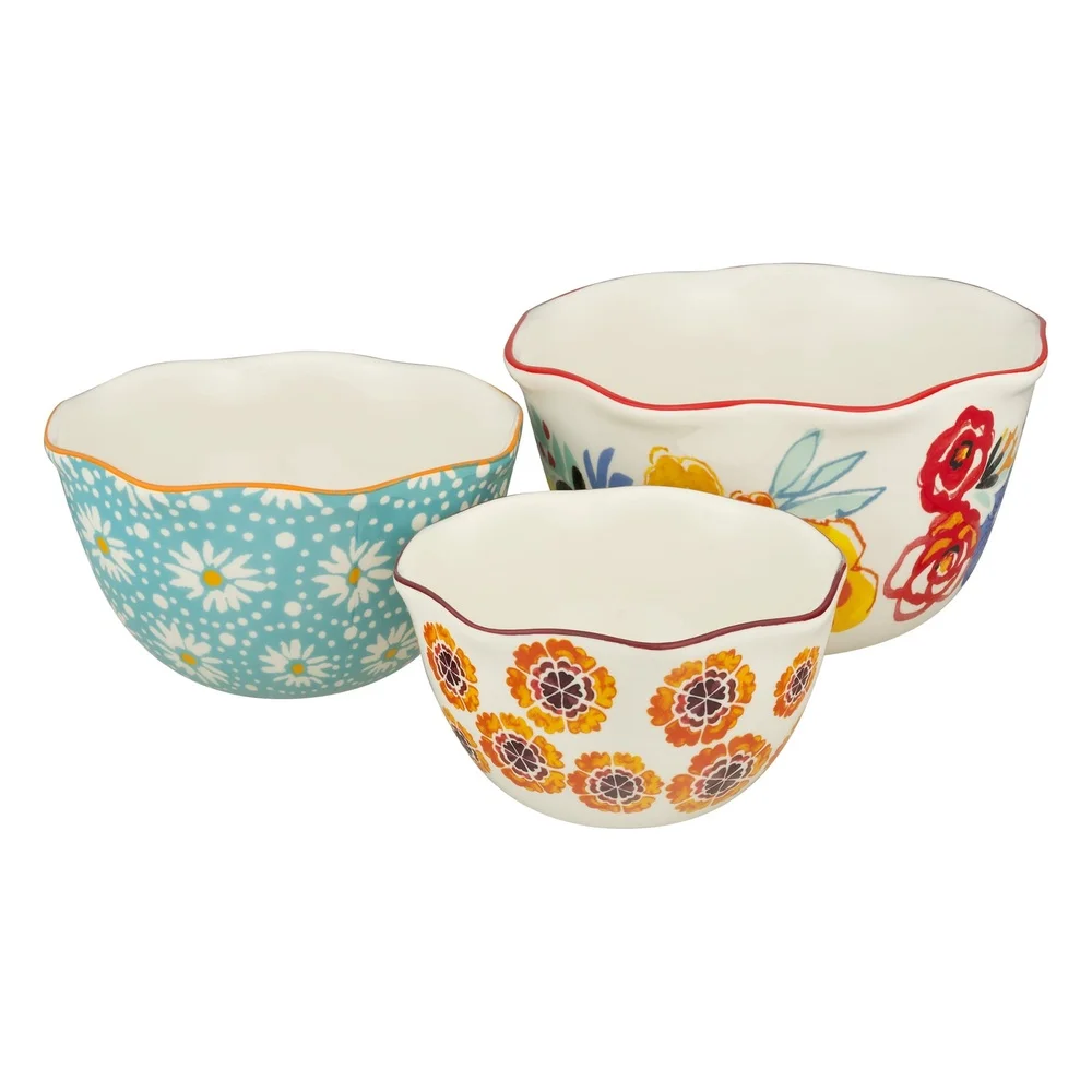 Set Mangkuk Bersarang Bunga Antik 3 Buah Stoneware Tahan Lama Mesin Pencuci Piring Microwave Aman Tepi Bergigi Penyajian Sempurna Hadiah Hebat