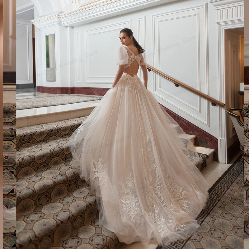 Vestido De novia champán para mujer, traje De princesa con cuello en V, apliques De encaje, mangas abullonadas, elegante, sin espalda