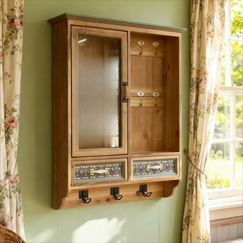 

French country style solid wood retro glass door wall hanging cabinet key box hook storage cabinet