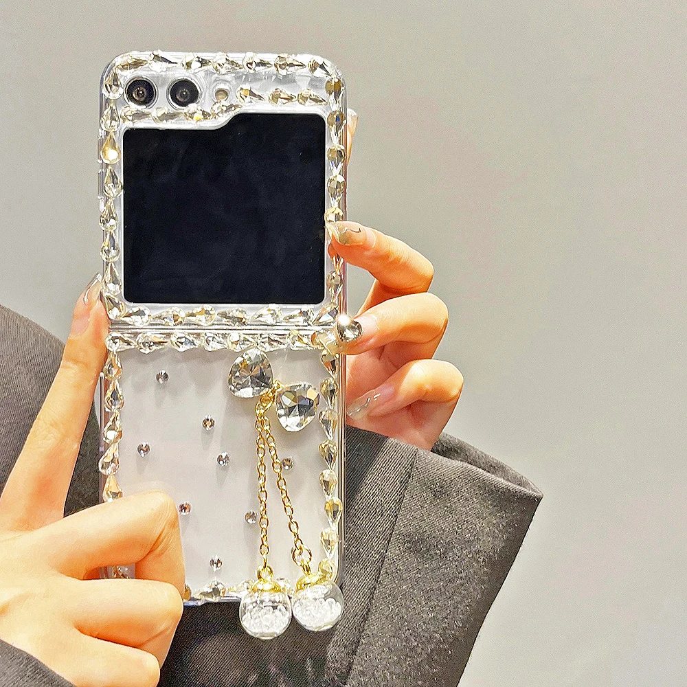 Korea Luxury Diamond Bow Pendant Tassels Transparent Phone Case For Samsung Galaxy Z Flip5 Z Flip4 Z Flip3 Rhinestone Back Cover