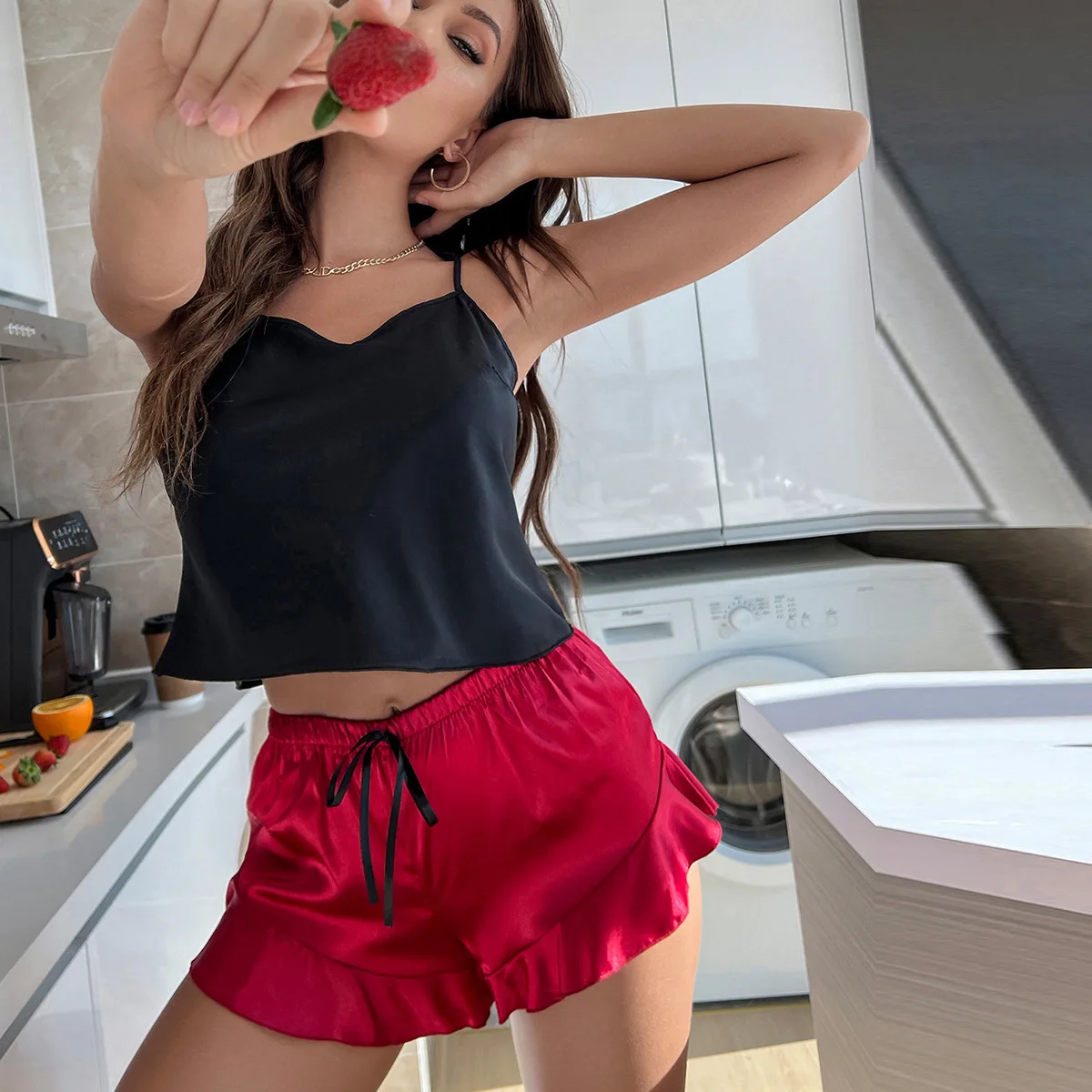 

Sexy Strap Home Clothes Pajama Sets Women's Pure Desire Style V-neck Sleeveless Short Pants Casual Summer Sleepwear