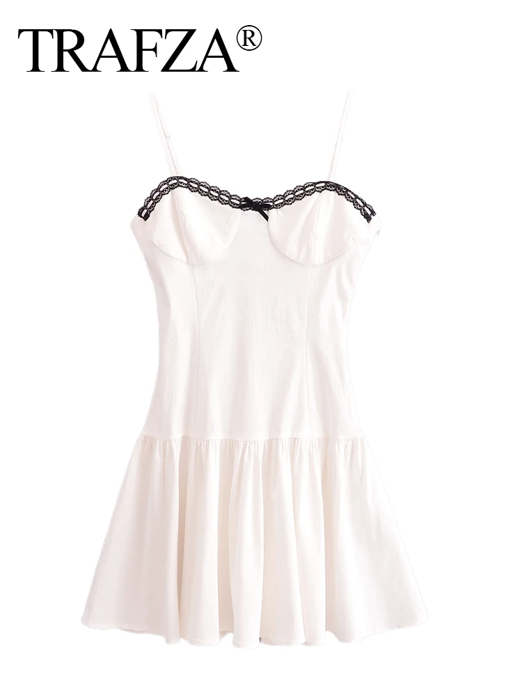 TRAFZA Women's New Fashion Sexy Solid Bustier Sleeveless Mini Dress Female Elegant Backless Zip High Street Pleated Slip Dress