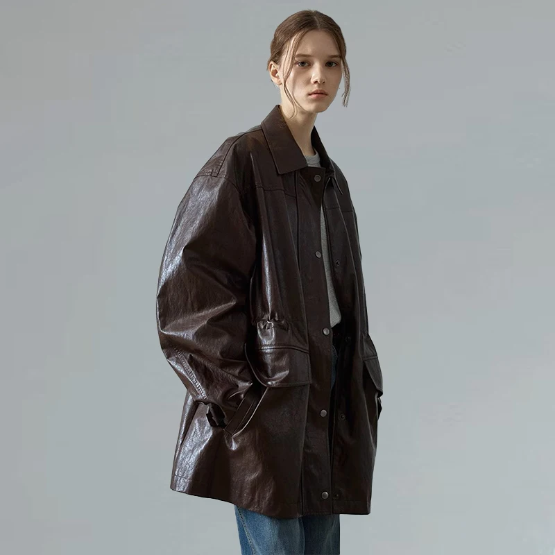 Cappotto Jaet in pelle di media lunghezza da donna Autunno Inverno Nuovo Sle Pendolarismo Sle Loose Fit Lungo colletto quadrato Sve Materiale PU