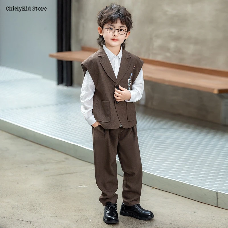 Boys Chinese Vest Pant Tuxedos Kids Waistcoat Wedding Clothes Sets Toddler Formal Dress Suits Children Hanfu Gentlemen Outfits