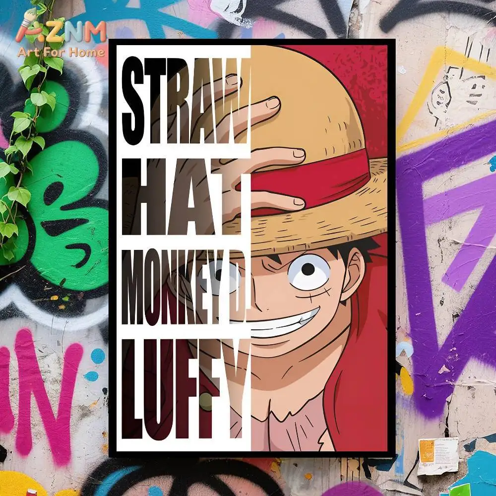 AZNM One Piece Text Overlay Canvas Print Unframed Luffy Brook Chopper Typography Anime Character Home Wall Art Poster