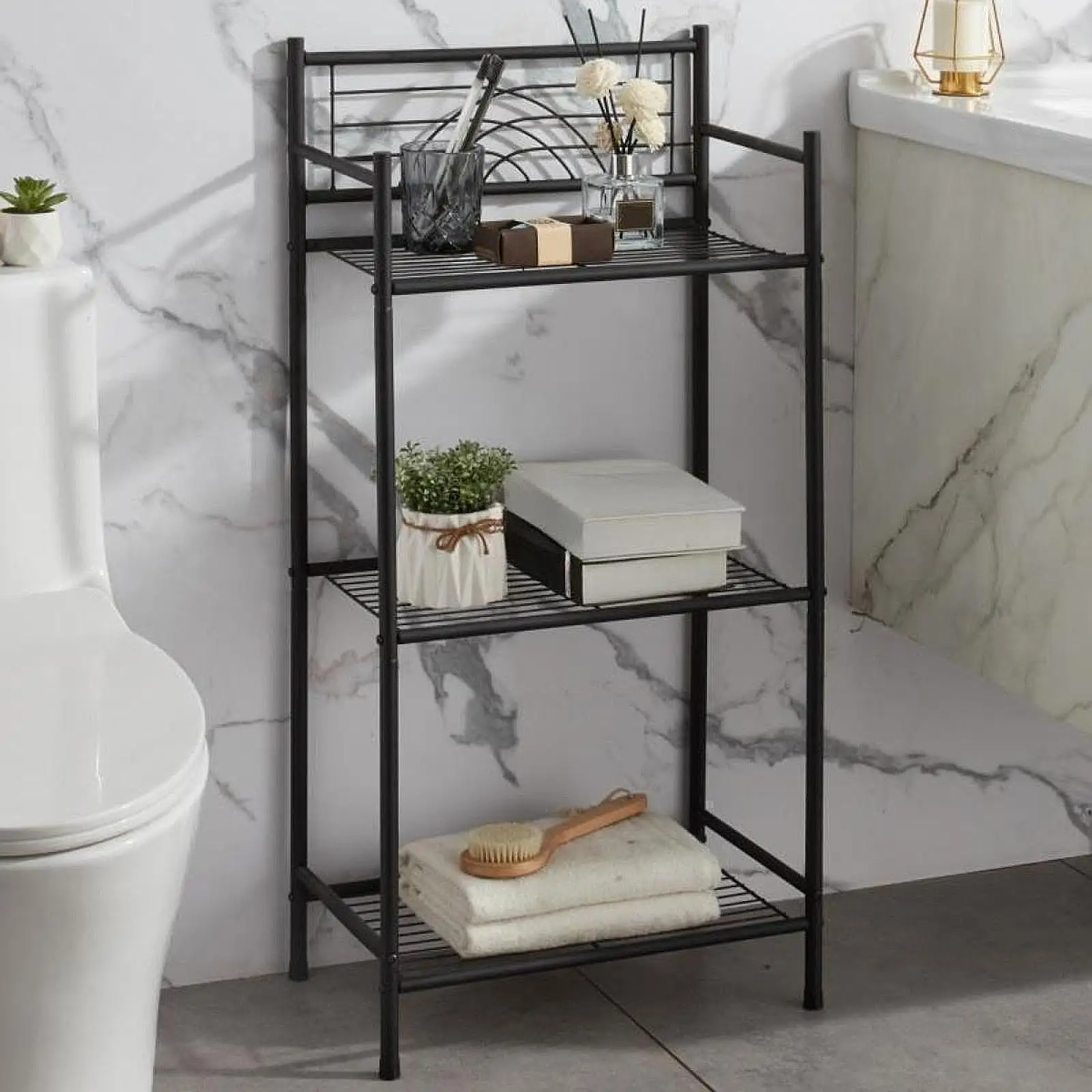 

Standing Storage Shelf Unit Metal Storage Rack Multifunctional Open Floor Shelves 3 Layer for Closet Bathroom Kitchen (Black)