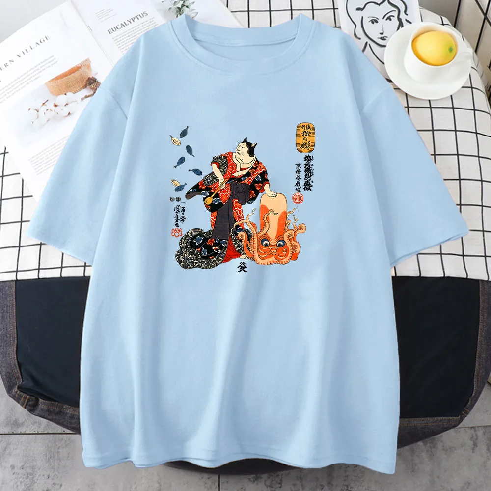 

Ukiyoe Kanji Cat Japanese Style T-shirt Women/Men Cartoon Summer Tee-shirt Short Sleeve Cotton Soft Tshirt High Quality Tees Top