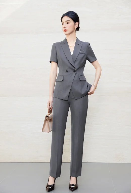 Summer short-sleeve navy blue small suit jacket women's pants cross-border two-piece set