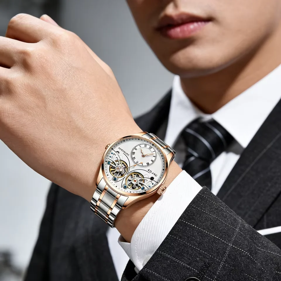 Newest Creative HighEND Ailang Fashion Double Tourbillon Automatic Stainless Steel Water Resistant Skeleton Mechanical OEM Watch