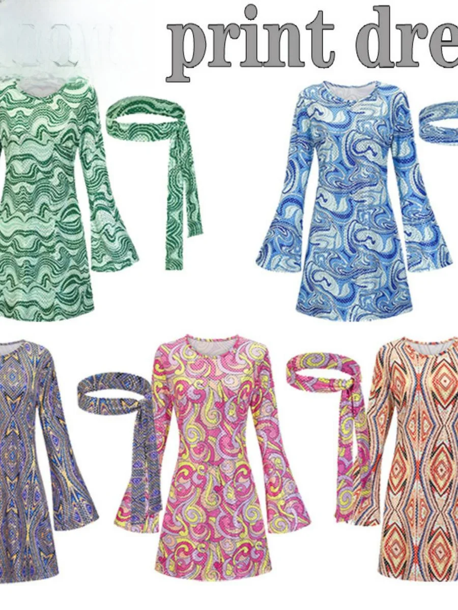 Хэллоуин 70-х годов Костюм хиппи Сценическое представление Ночной клуб Бар Парный наряд Ретро полиэстер Женская этническая мода Традиционный ...