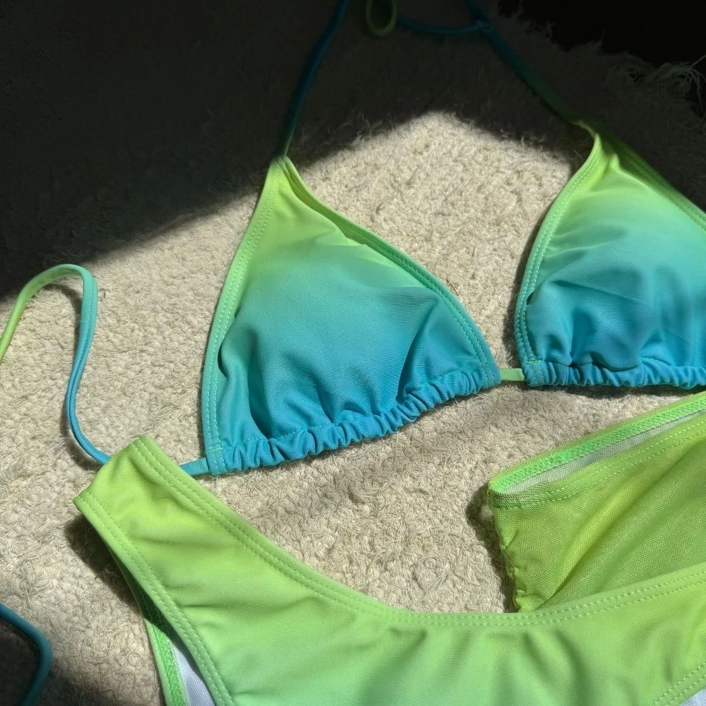 Lace Up 3 in 1 Gradient Color Swimwear Set Slim Fit Deep-V Bikini Bathing Suit Beachwear Clothing Sleeveless Swimsuit Vacation