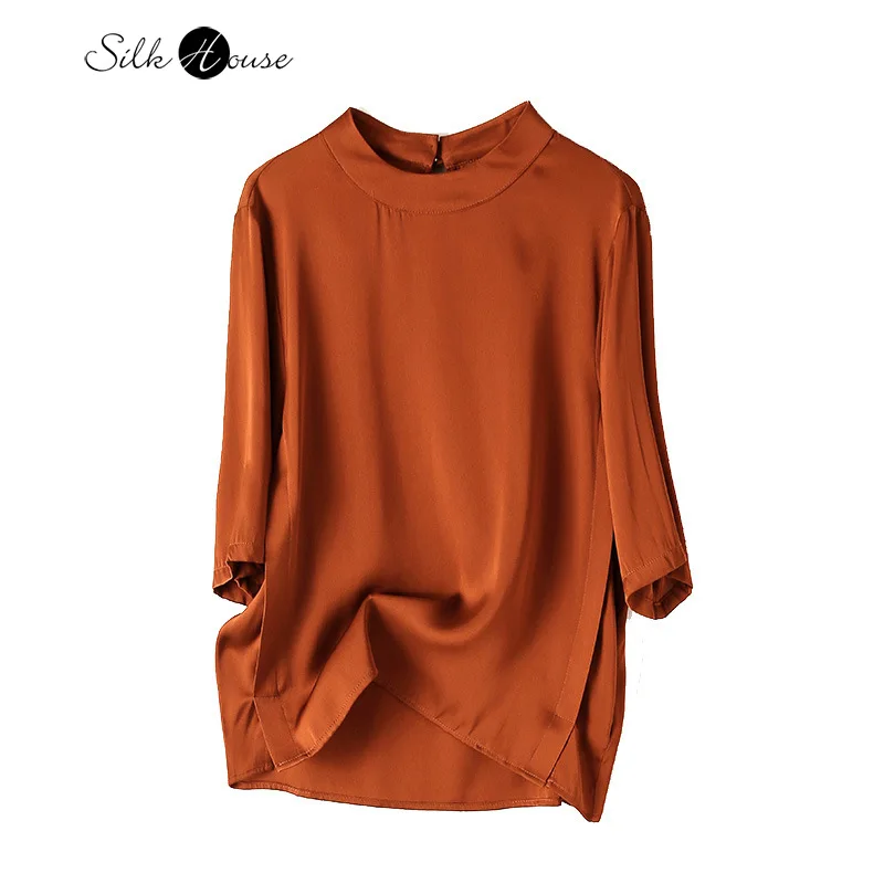 Women's Fashion Clothing High-end Heavyweight 91.4% Natural Mulberry Silk Elastic Satin Solid Color Half Sleeved T-shirt