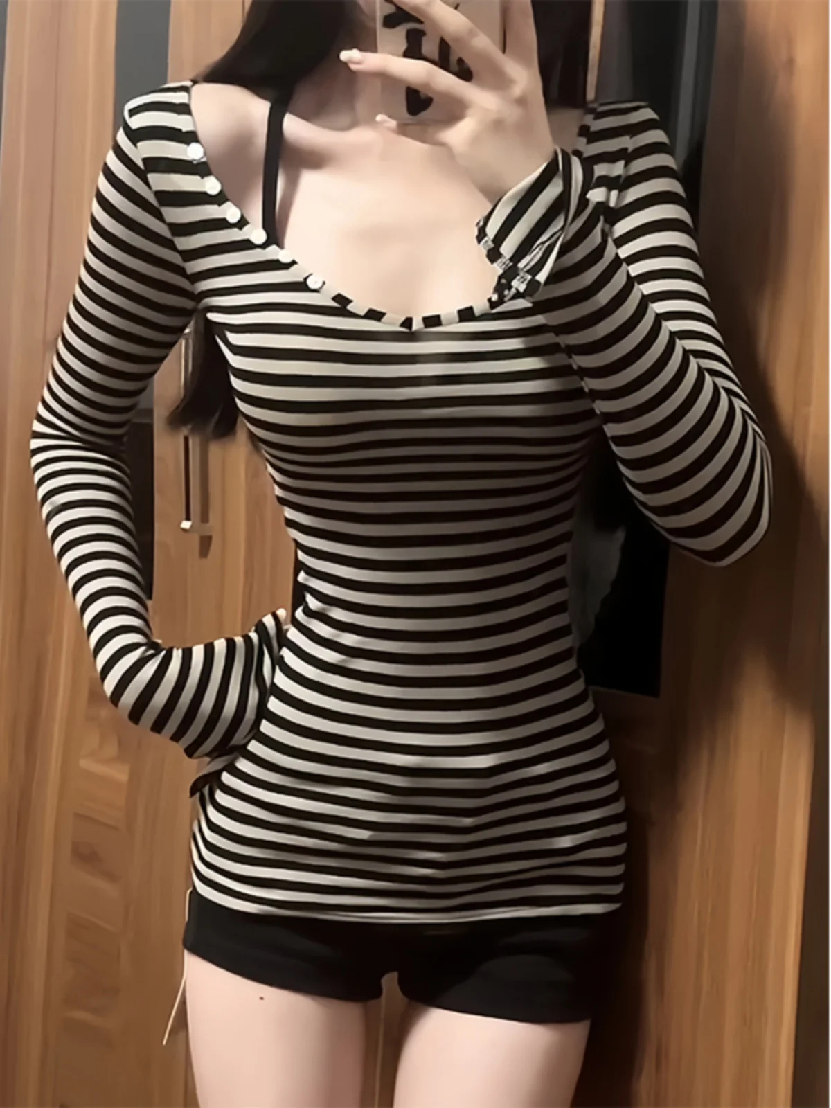 Pure Desirable Sexy V-Ne Striped Long Sve T-irt Women's Inner Wear Slim Fit Slimming Hot Girl Large Collar Top