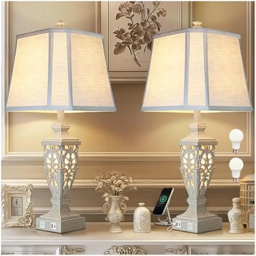 

28.5" Rustic Table Lamps Set of 2 With Night Light Bedside Lamp With USB ,White Washed Finish Room Lamps With White Linen Cut