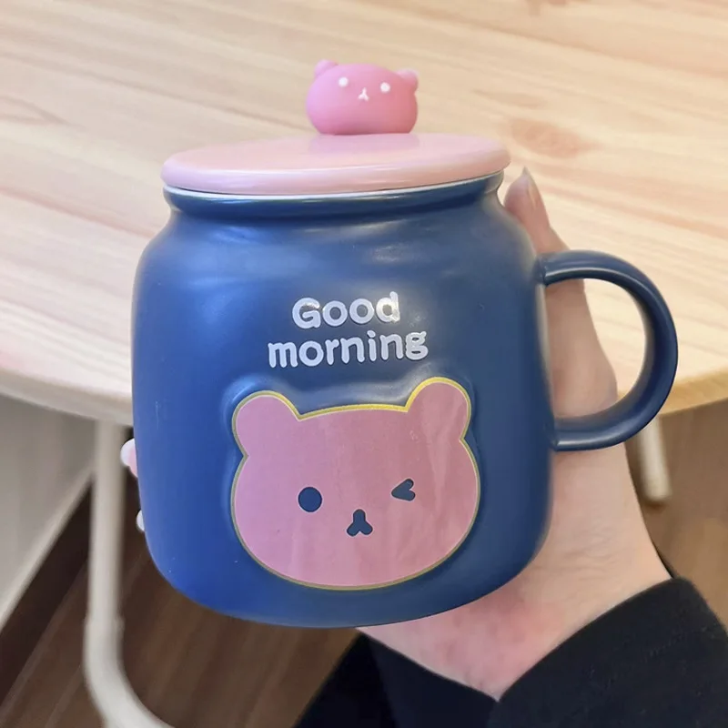 480ml Little Bear Cute Cartoon Mug Ceramic Cup Breakfast Cup Gift Water Cup High Beauty Spoon with Lid Household Milk Cup