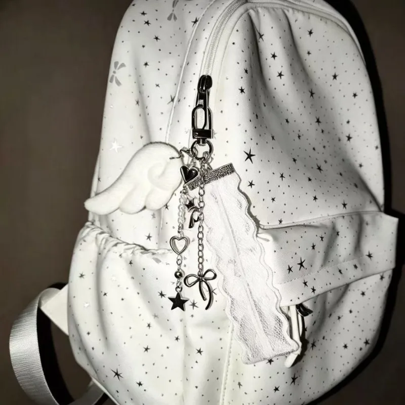 1 Piece Y2K Sweet Cool Angel Wings Bag Charm White Long Lace Keychain Heart-Shaped Niche Personality Backpack Decoration Ccd Camera Charm