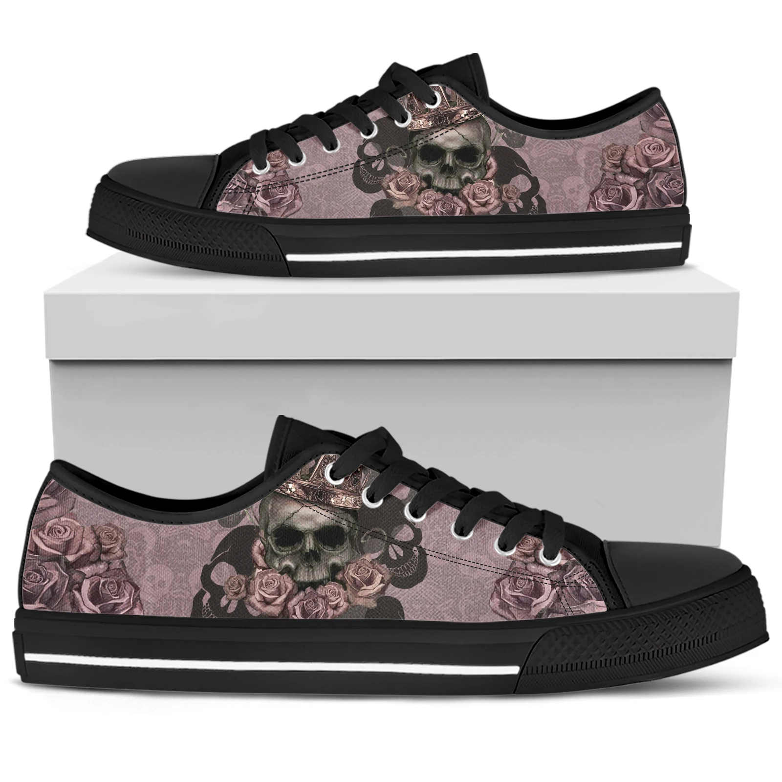 ELVISWORDS Skull Queen 3D Pattern Light Low Top Shoes Canvas Vulcanized Shoes for Women Lace-up Spring Summer Sneakers Flats