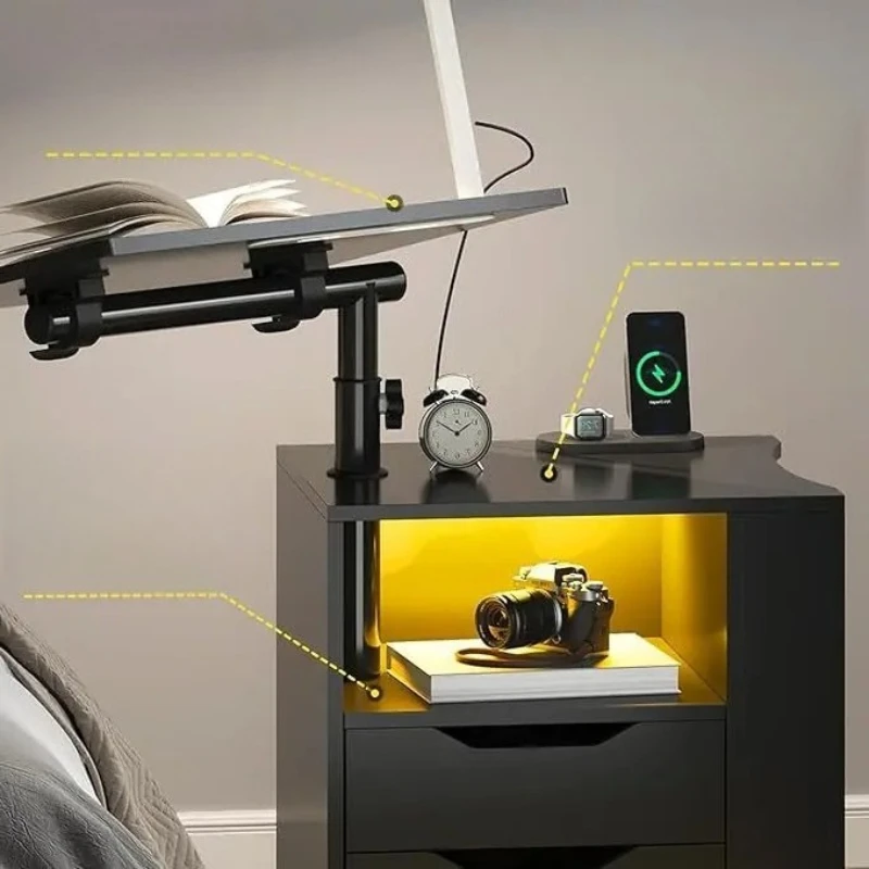 Adjustable Smart Bedside Table: 360° Rotating Design with LED Lighting & Built-in Power Outlet