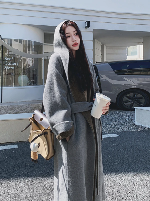 

Женское шерстяное пальто с капюшоном средней длины, осенне-зимнее, новое, двустороннее, корейская версия, прямой крой