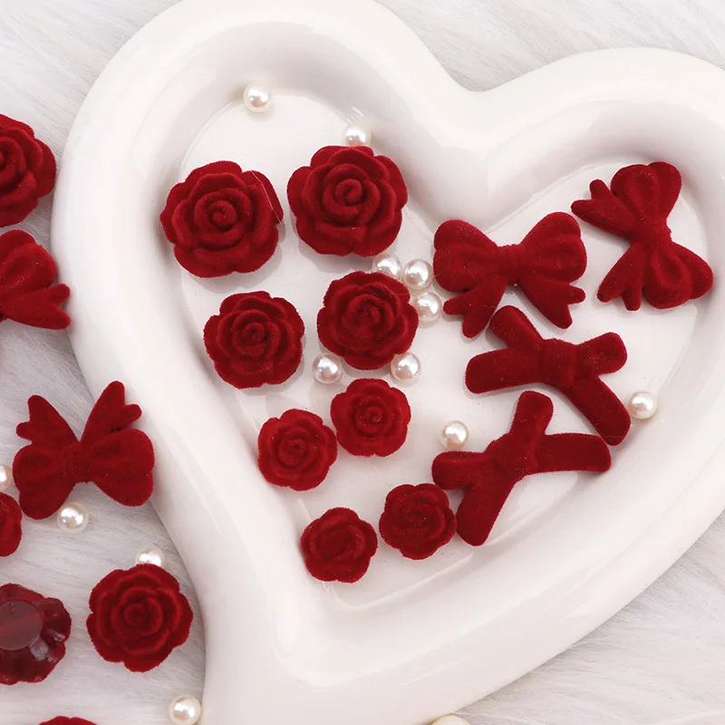 Red Mixed Flocking Rose&Bow Resin Charms Used for Making Female Hair Clips/EarringsDecorations Flocking Resin Accessories