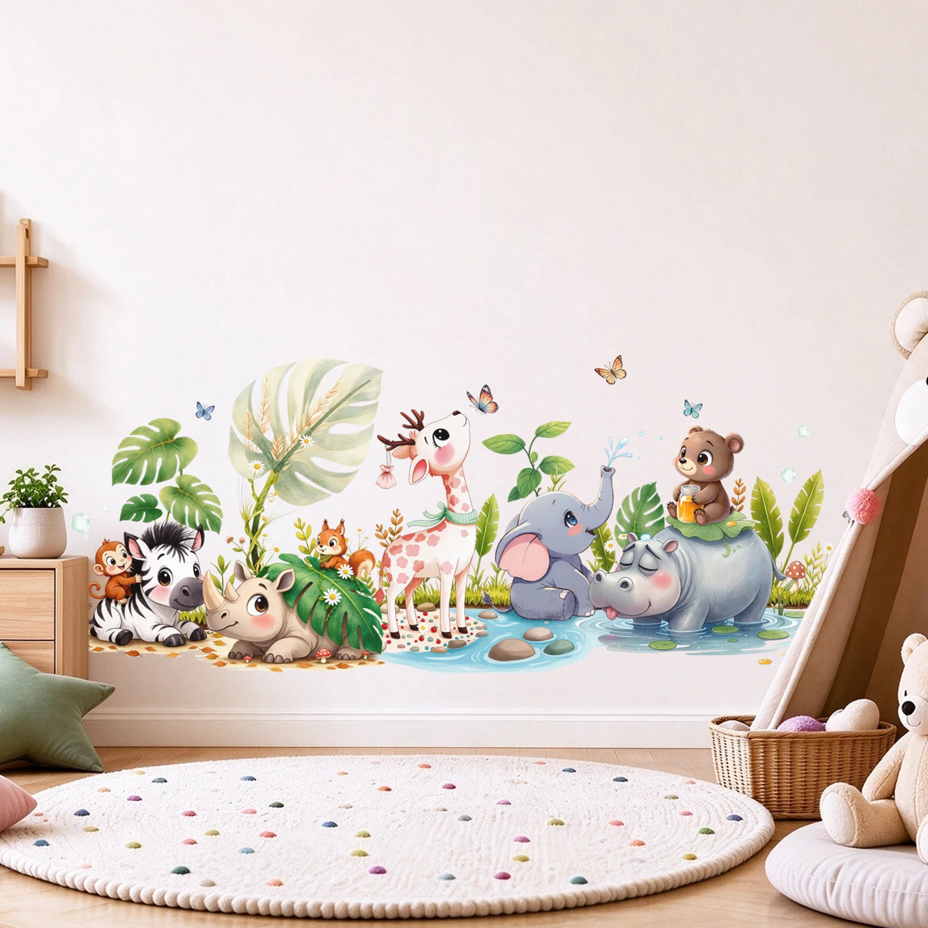 Watercolor Safari Animal Wall Stickers Elephant Giraffe Zebra Rhino Tropical Leaves Peel And Stick Decal Kids Nursery Decor