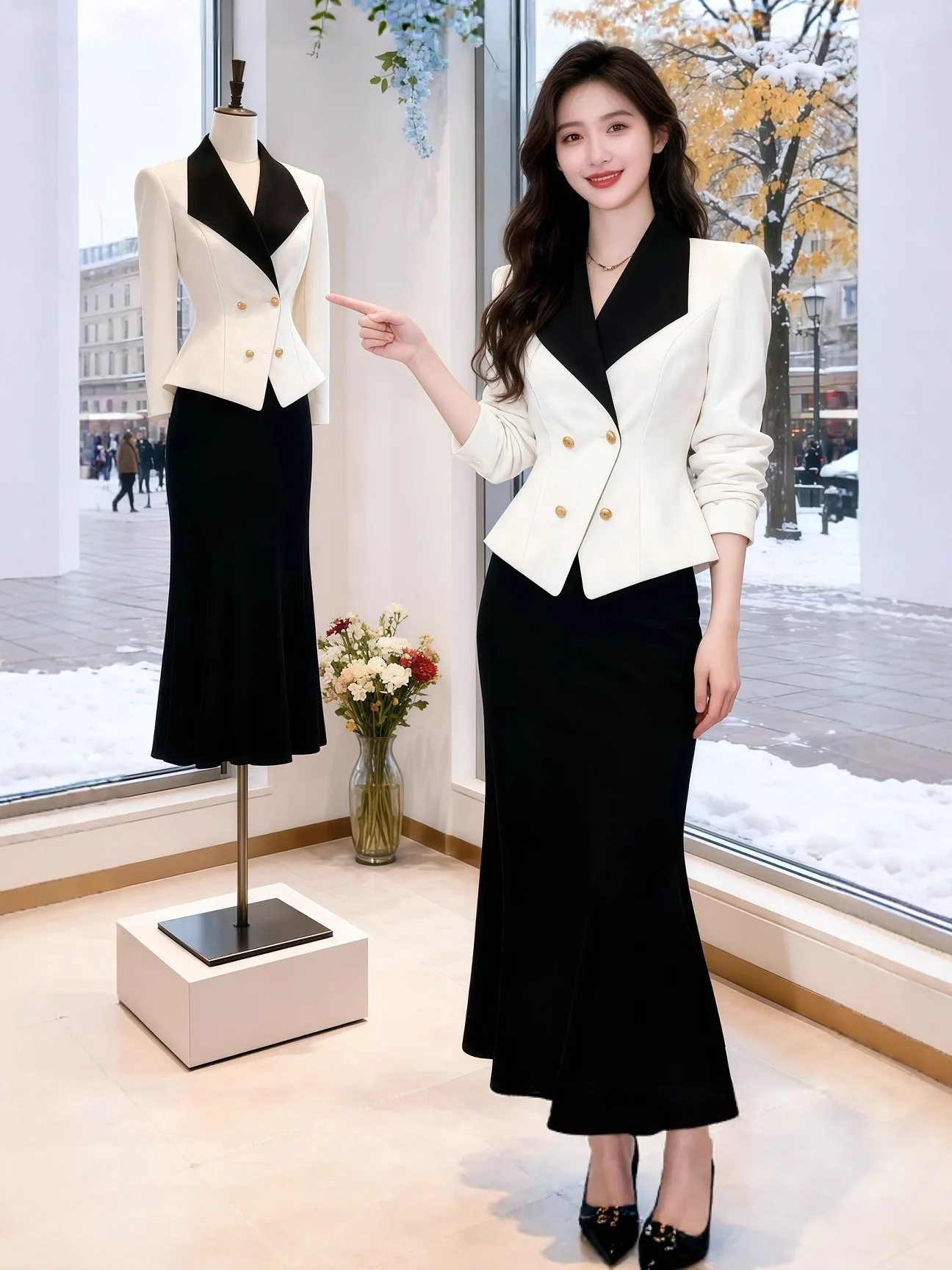 

Ele Bla White Spliced plus Size Women's Suit Jaet Commute Friendly Waist Cinching Design Faionable Casual Wear