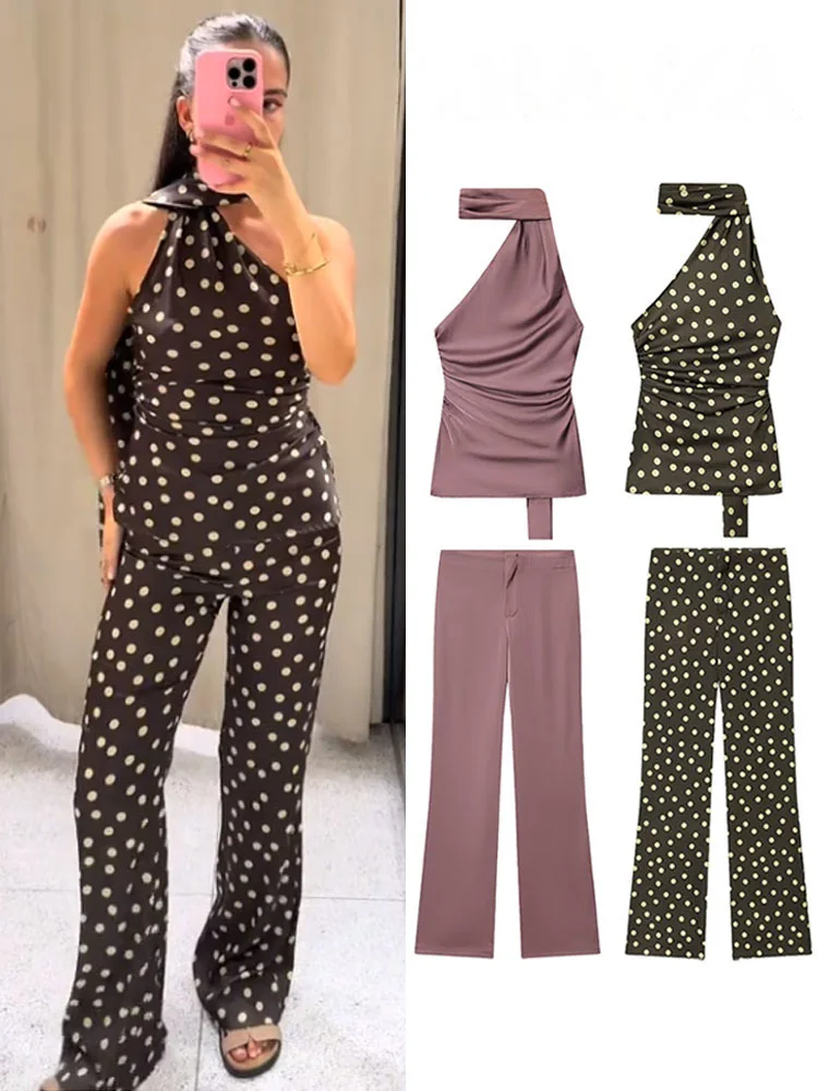 HH – ensemble 2 pièces pour femmes, col écharpe à pois, sans manches, dos nu, hauts Sexy + mode, taille haute, fermeture éclair, pantalon Long décontracté