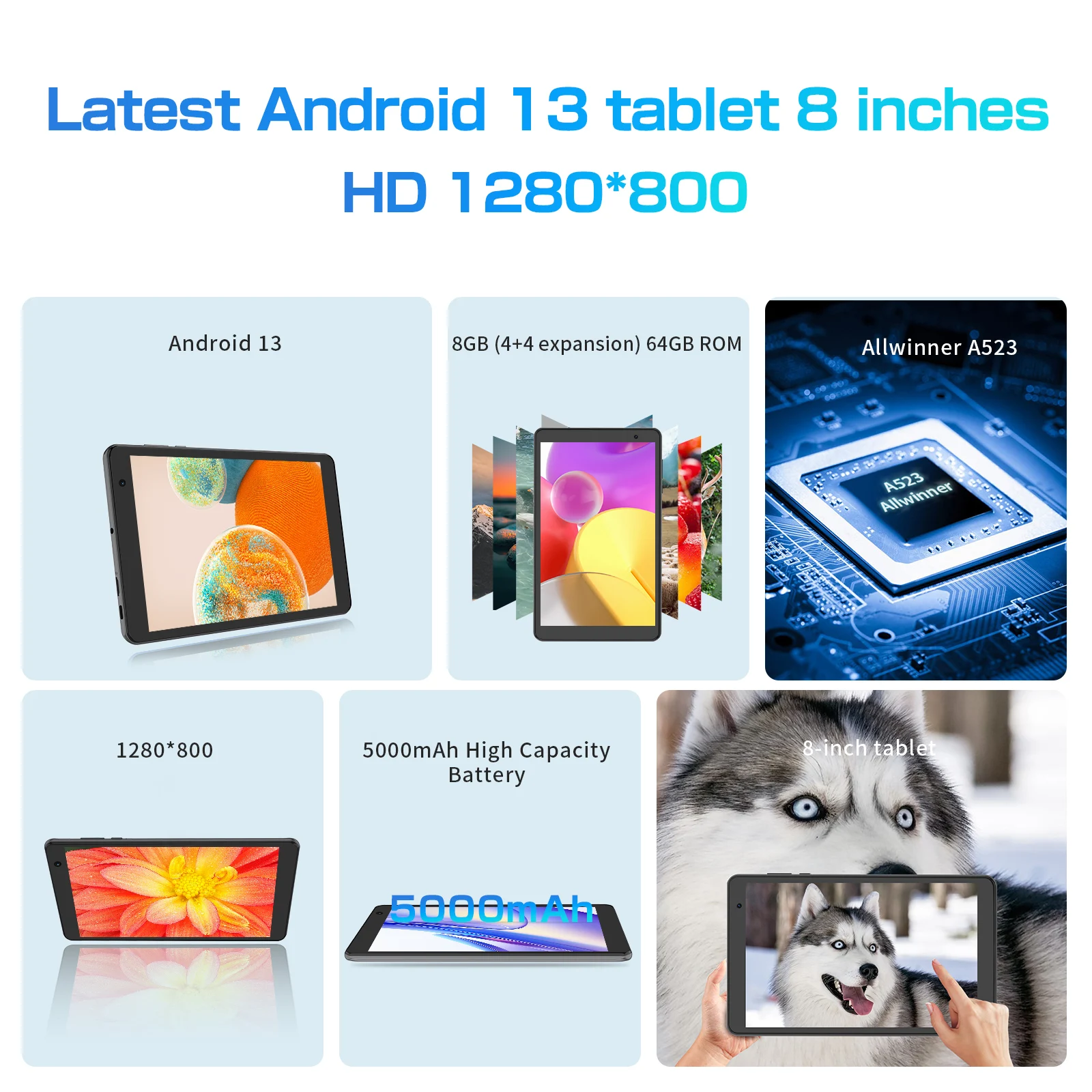 تابلت PRITOM 8 بوصة Android 14، ثماني النواة، 8 جيجابايت (4+4 جيجابايت افتراضي) ذاكرة الوصول العشوائي، 64 جيجابايت ROM، 5GWi-Fi، مع حافظة جلدية واقية