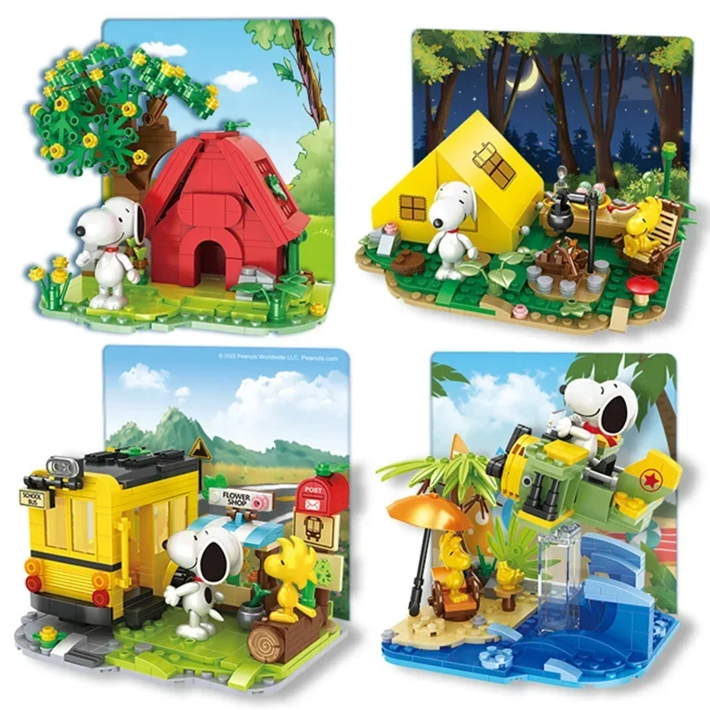 Miniso Snoopy Camping Outdoor Fun School Bus Peanuts Cute Anime Friends Figures Cartoon Building Blocks Bricks Toys Kid Gifts