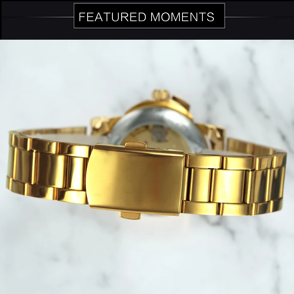 WINNER Fashion Luxury Watch for Women Elegant Gold Skeleton Automatic Mechanical Watches Steel Strap Business Mens Wristwatches