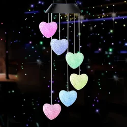 1pc Solar Heart Shaped Wind Chime LED Color Changing Wind Mobile Portable Waterproof Outdoor Decorative Romantic Wind Bell Light