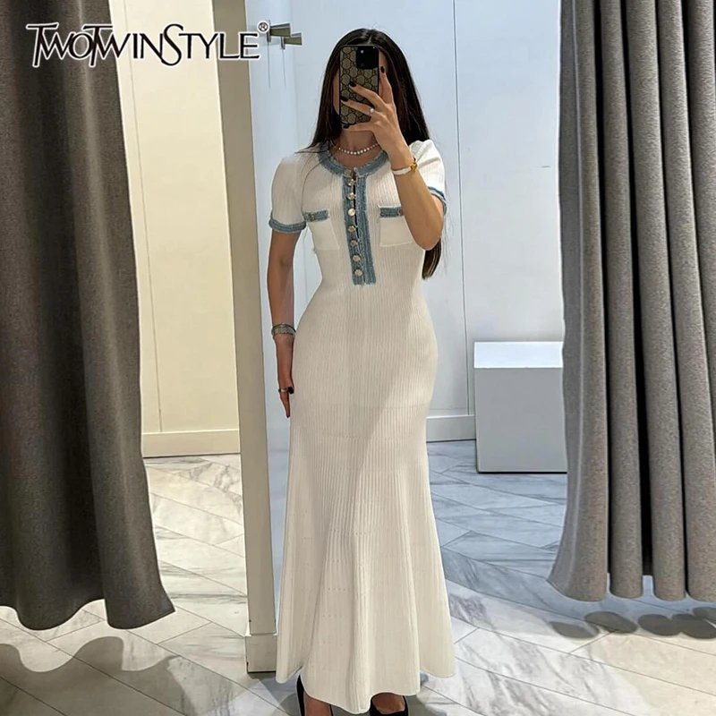 TWOTWINSTYLE Hit Color Knitted Dress For Women Round Neck Short Sleeve High Waist Spliced Single Breasted Elegant Dresses Female