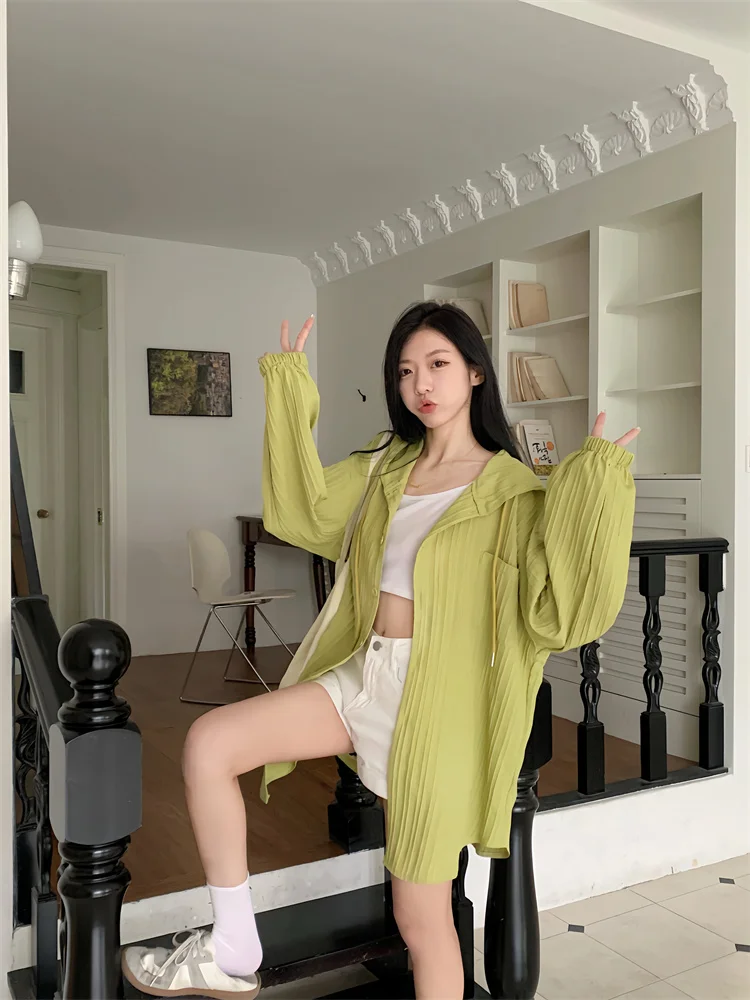 Real shot large size long sleeve sun protection clothes women spring and summer with long loose cardigan hooded thin coat