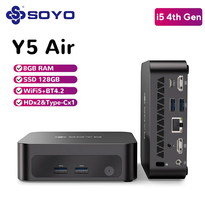 소요 미니 PC Y5 에어 인텔 i5 4세대 CPU, 8GB 램, 128GB M.2 SSD, 미니 데스크탑 컴퓨터, 듀얼 4K 디스플레이, WiFi 5, BT4.2, USB-C 지원 썸네일 7