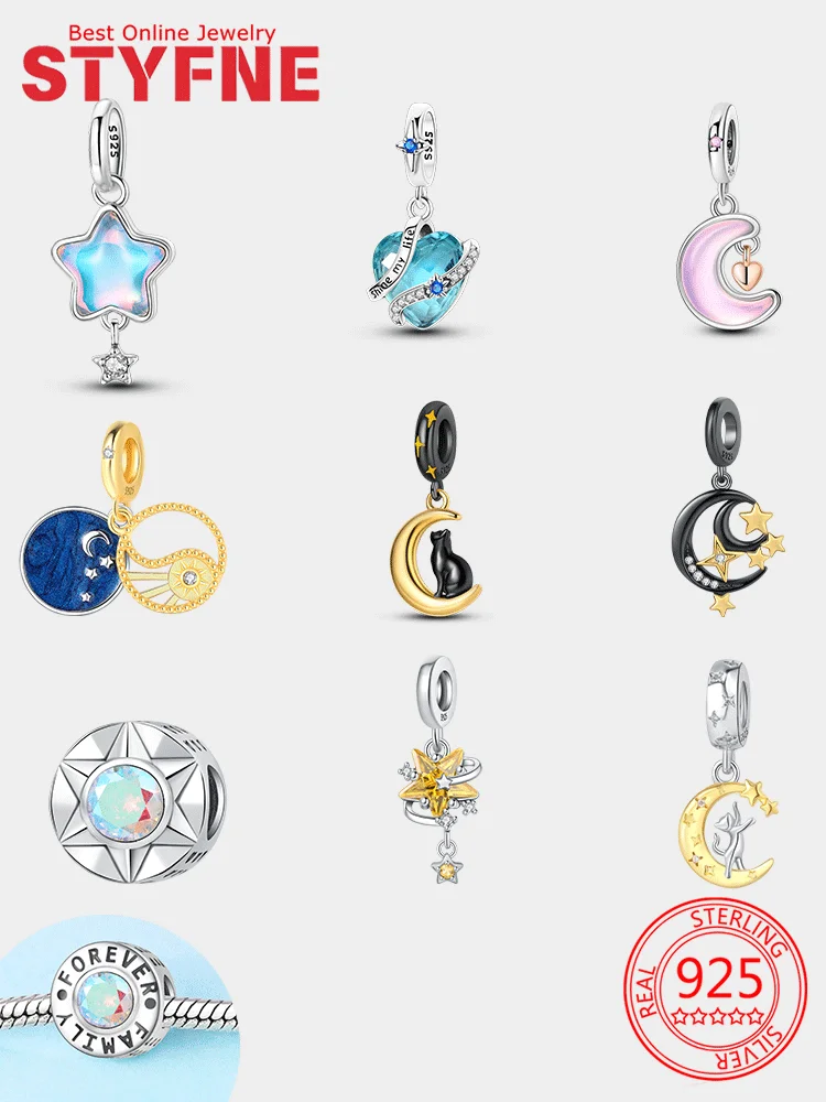 

925 Silver Charms Moon Cat Star Heart-shaped Zircon Beads Pendant Fit DIY Original Bracelet Necklace Women Jewelry Fine Gift