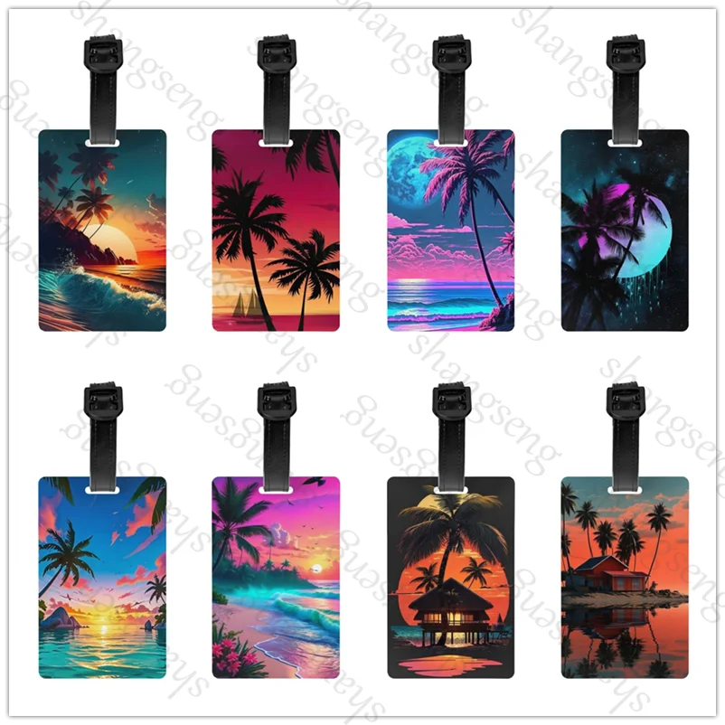 

1pcs Security Luggage Tag PVC Suitcase Label Business Card Holder/Travel Document Label Sunset Beach Coconut Trees