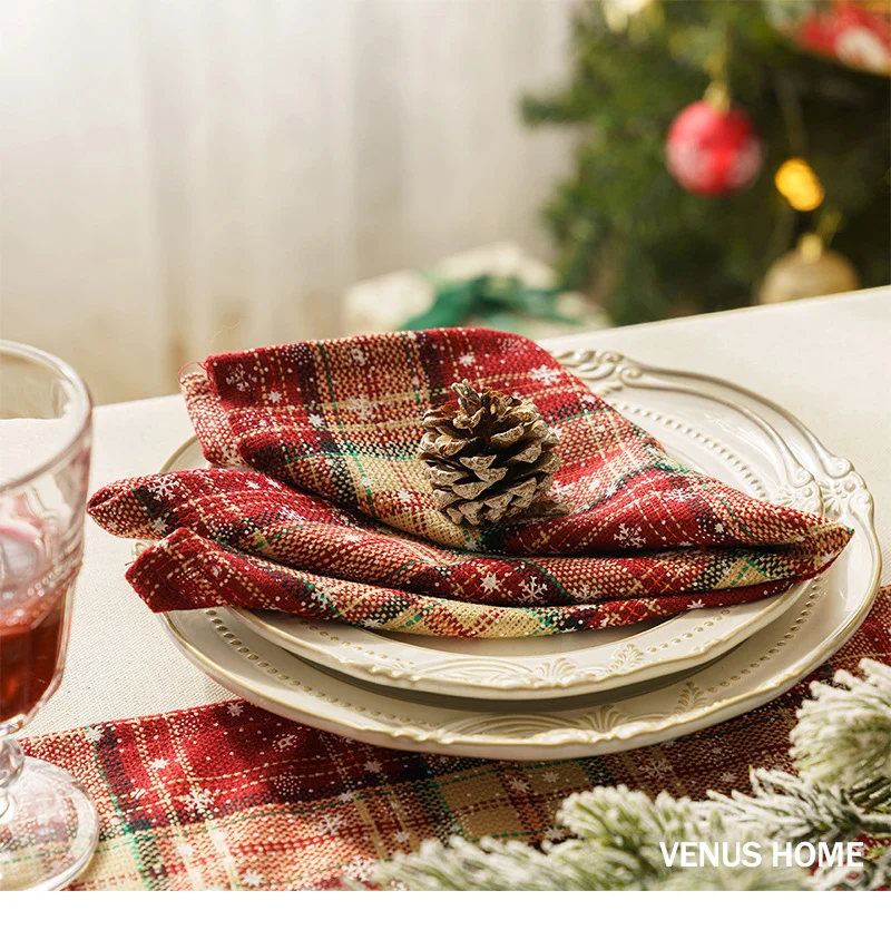 Christmas Table Runner Plaid Table Runner (Red and Beige) 13 x 72 inch Farmhouse Xmas Winter Snowflake Table Lines Runner