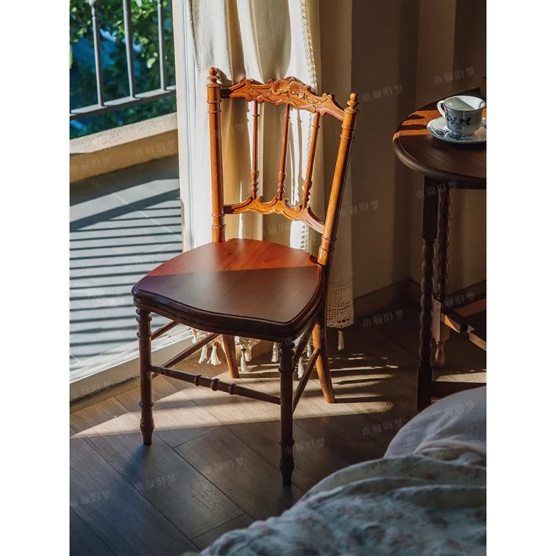 Solid wood dining chair Chinese antique style B & B hotel restaurant chair Alice chair French retro home embroidery soft bag
