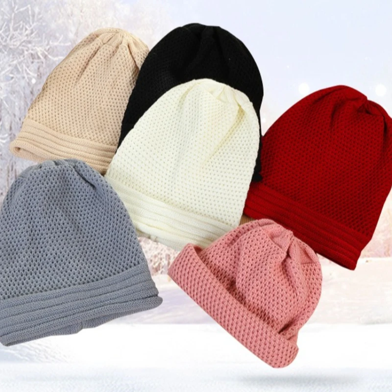Hollow Mesh Knit Beanie Slouchy Skull Cap Solid Color Roll‑Up Cuff Soft Stretchy Casual Knitted Hat for Autumn Winter Daily Wear