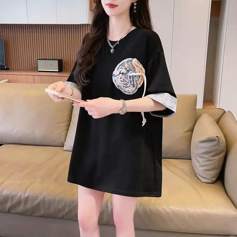 

DAYIFUN New Chinese Style Embroidery Design T-shirts Women O Neck Short Sleeve Tshirts Lady Summer Oversized Fake Two-piece Tops