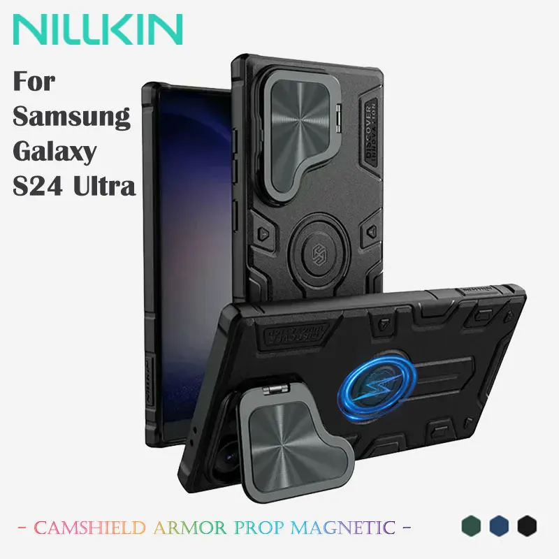 NILLKIN Magnetic Case for Samsung Galaxy S24 Ultra, TPU+PC Build, Anti-Drop Airbags, MagSafe Compatible, Lens Cover Stand Design