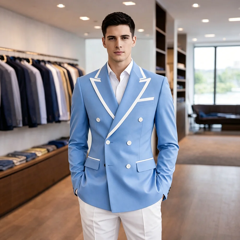 

Mens Light Blue Double Breasted Suits Summer Wedding Groom Tuxedo Slim Fit Casual Fashion Blazer Trousers Costume Mens Suits