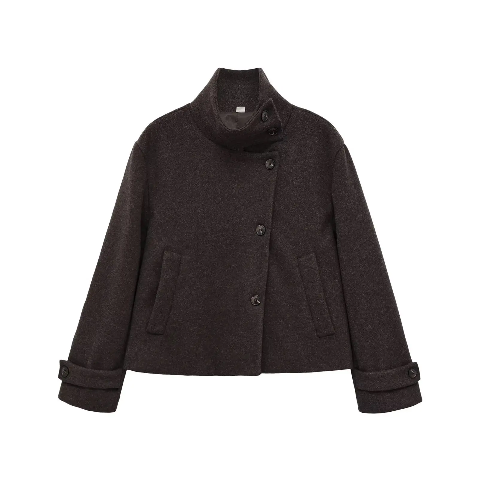 Original Sloping Single Breasted Stand Collar Woolen Coat Autumn and Winter Women's Retro Thick Warm Campus Dating Travel Jacket