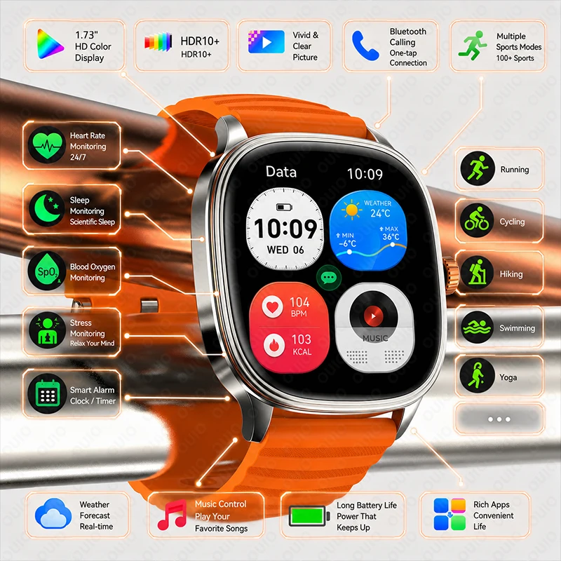 Fashionable Sports Smart Watch IP68 Waterproof 100+ Sports Voice Assistant Sleep Heart Rate Weather Bluetooth Call Smart Watch