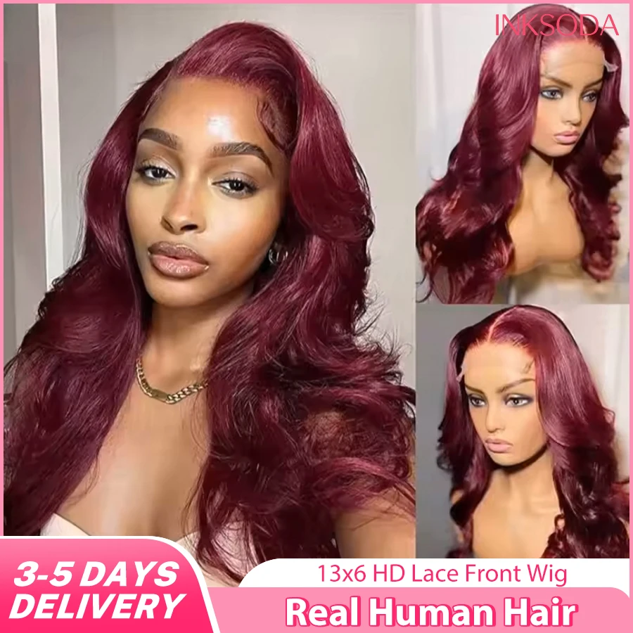 

Бордовый парик из натуральных волос 99J Body Wave 13X6 HD Lace Front, бразильский, предварительно прорезанный, темно-красный, 13X4 Lace Frontal, для женщин